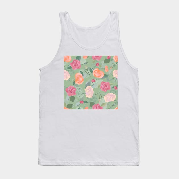 Blended Floral Roses in Orange Fuchsia and Green Tank Top by White-Peony